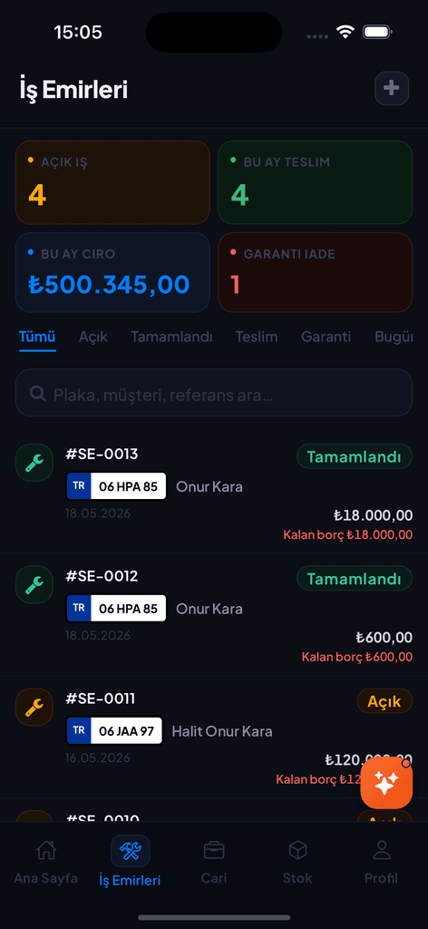 Dijital Çırak iş emirleri ekranı